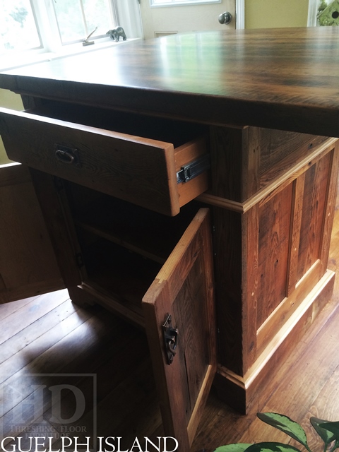 45†x 36†Island - 1†grainery board construction – 2†threshing floor Pine top minimal sanding with bread-edges – internal 1†shelving behind doors - Premium epoxy and matte polyurethane finish - 1 drawer/2 doors – Lee Valley hardware
