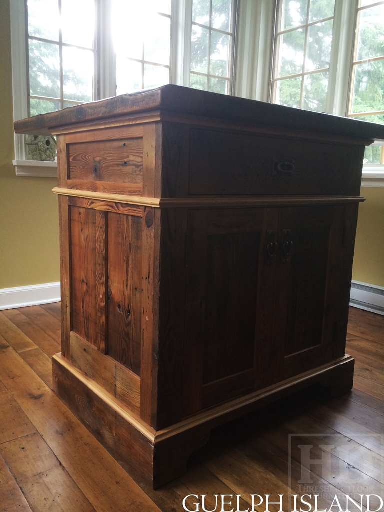 45†x 36†Island - 1†grainery board construction – 2†threshing floor Pine top minimal sanding with bread-edges – internal 1†shelving behind doors - Premium epoxy and matte polyurethane finish - 1 drawer/2 doors – Lee Valley hardware