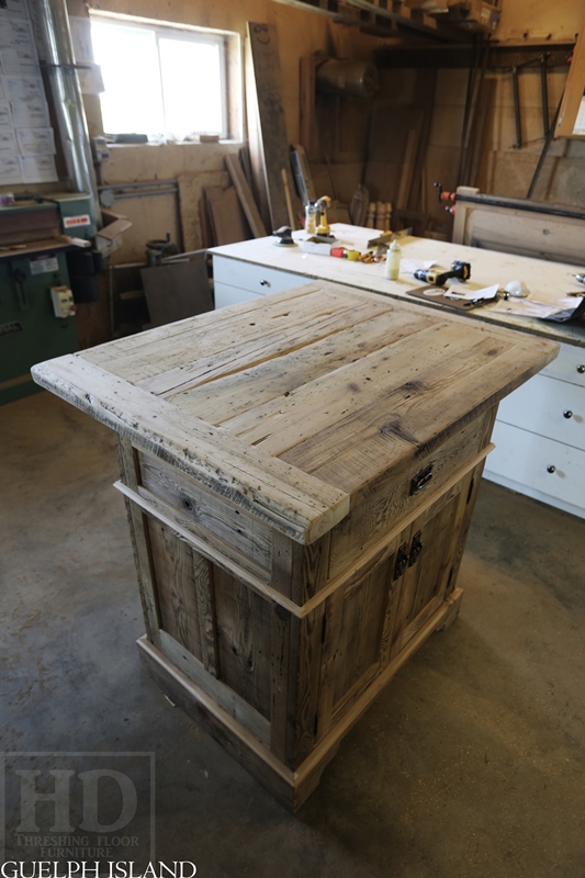 45†x 36†Island - 1†grainery board construction – 2†threshing floor Pine top minimal sanding with bread-edges – internal 1†shelving behind doors - Premium epoxy and matte polyurethane finish - 1 drawer/2 doors – Lee Valley hardware
