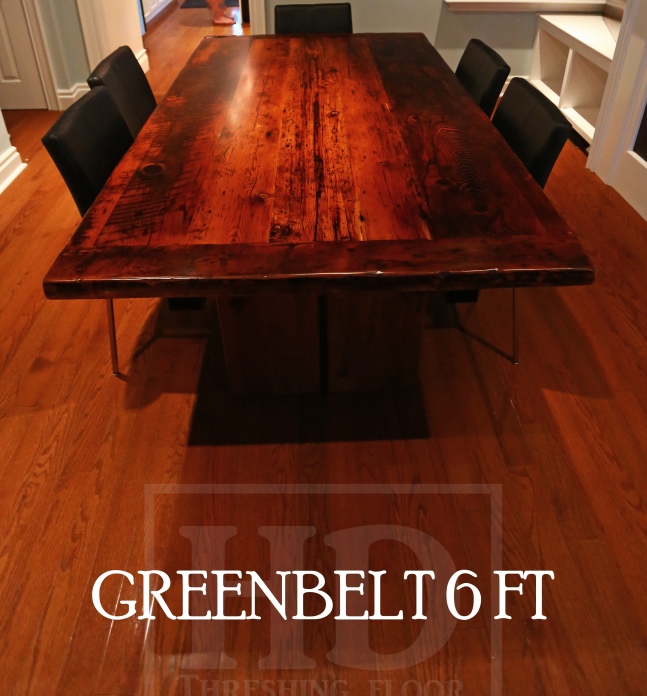 6 ft Reclaimed Wood Table - Modern Plank Style Base - Centre gap on posts - Reclaimed Hemlock Threshing Floor Top - 3" reclaimed joist material posts - Two 18 inch leaf extensions making total length 9 ft when extended