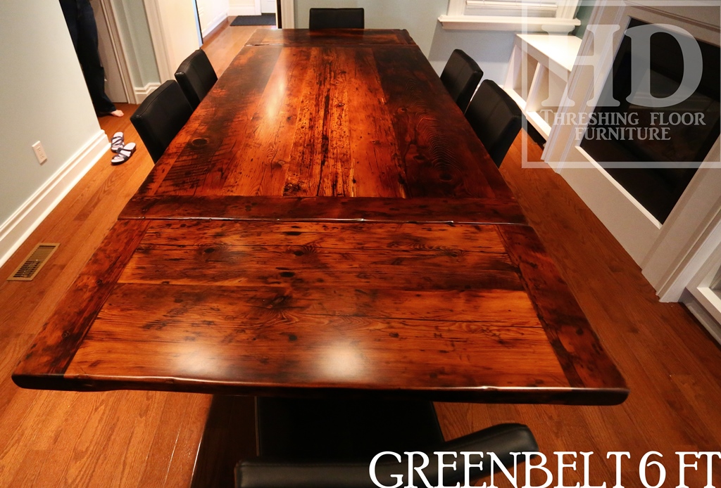 6 ft Reclaimed Wood Table - Modern Plank Style Base - Centre gap on posts - Reclaimed Hemlock Threshing Floor Top - 3" reclaimed joist material posts - Two 18 inch leaf extensions making total length 9 ft when extended