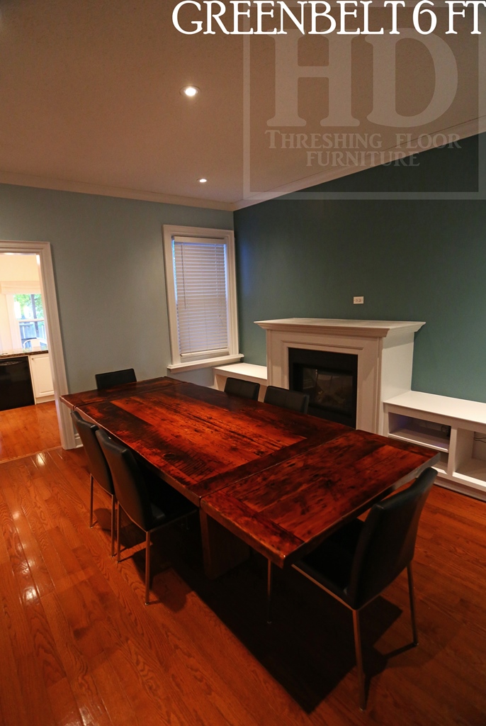 6 ft Reclaimed Wood Table - Modern Plank Style Base - Centre gap on posts - Reclaimed Hemlock Threshing Floor Top - 3" reclaimed joist material posts - Two 18 inch leaf extensions making total length 9 ft when extended
