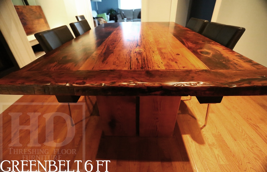 6 ft Reclaimed Wood Table - Modern Plank Style Base - Centre gap on posts - Reclaimed Hemlock Threshing Floor Top - 3" reclaimed joist material posts - Two 18 inch leaf extensions making total length 9 ft when extended