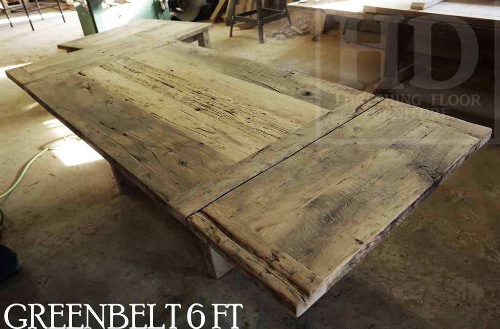 6 ft Reclaimed Wood Table - Modern Plank Style Base - Centre gap on posts - Reclaimed Hemlock Threshing Floor Top - 3" reclaimed joist material posts - Two 18 inch leaf extensions making total length 9 ft when extended