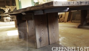 6 ft Reclaimed Wood Table - Modern Plank Style Base - Centre gap on posts - Reclaimed Hemlock Threshing Floor Top - 3" reclaimed joist material posts - Two 18 inch leaf extensions making total length 9 ft when extended