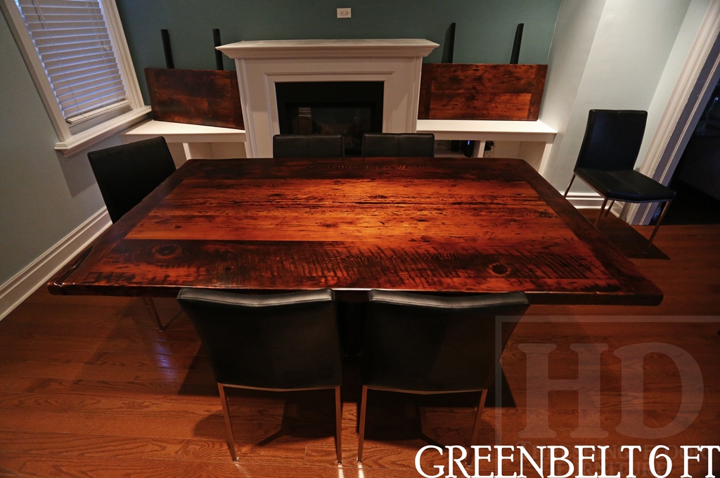6 ft Reclaimed Wood Table - Modern Plank Style Base - Centre gap on posts - Reclaimed Hemlock Threshing Floor Top - 3" reclaimed joist material posts - Two 18 inch leaf extensions making total length 9 ft when extended