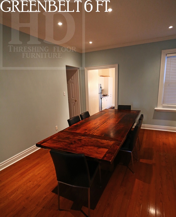 6 ft Reclaimed Wood Table - Modern Plank Style Base - Centre gap on posts - Reclaimed Hemlock Threshing Floor Top - 3" reclaimed joist material posts - Two 18 inch leaf extensions making total length 9 ft when extended