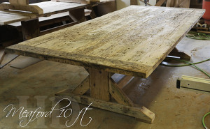 Specs: 10 ft Meaford Reclaimed Wood Sawbuck Table - 56" wide - 6" bread-edge boards - Reclaimed Threshing Floor Hemlock - Premium epoxy and matte polyurethane finish
