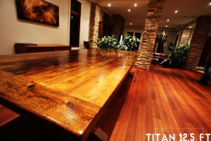 12.5 ft Trestle Style Table - 52" wide - Premium epoxy/matte polyurethane finish - Reclaimed Threshing Floor Hemlock Construction - 2" top - 30" height - Gerald Reinink