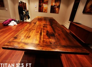 12.5 ft Trestle Style Table - 52" wide - Premium epoxy/matte polyurethane finish - Reclaimed Threshing Floor Hemlock Construction - 2" top - 30" height - Gerald Reinink