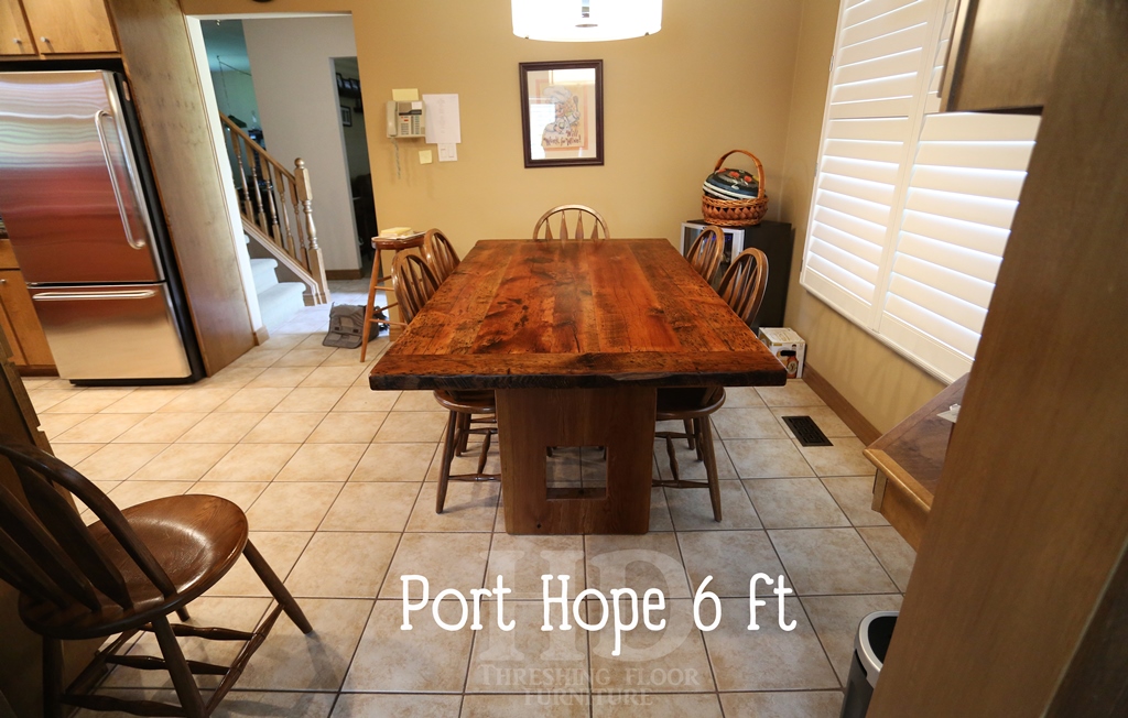 Details of table: 6 ft Plank style base - 3" reclaimed joist material posts- 8"x8" end cavity - reclaimed threshing floor hemlock - premium epoxy/matte polyurethane finish