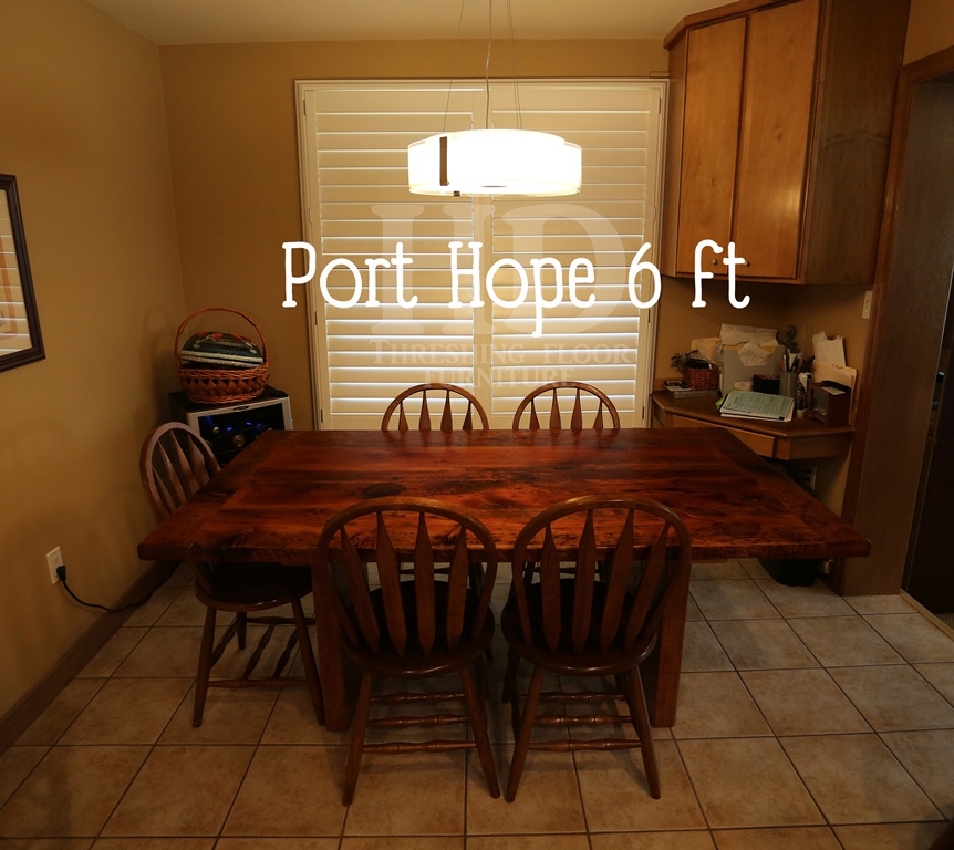 Details of table: 6 ft Plank style base - 3" reclaimed joist material posts- 8"x8" end cavity - reclaimed threshing floor hemlock - premium epoxy/matte polyurethane finish