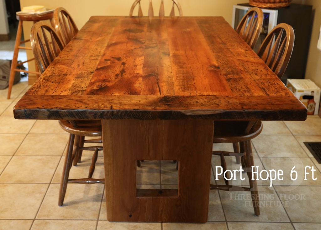 Details of table: 6 ft Plank style base - 3" reclaimed joist material posts- 8"x8" end cavity - reclaimed threshing floor hemlock - premium epoxy/matte polyurethane finish