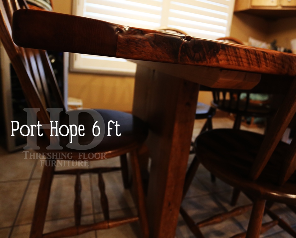 Details of table: 6 ft Plank style base - 3" reclaimed joist material posts- 8"x8" end cavity - reclaimed threshing floor hemlock - premium epoxy/matte polyurethane finish