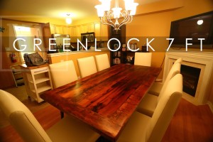 7 ft Trestle Table - 42" wide - Premium epoxy & matte polyurethane finish - Reclaimed Threshing Floor 2" Hemlock Top - Modern plank style base - Apache Cream Leather Parsons Chairs
