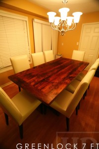 7 ft Trestle Table - 42" wide - Premium epoxy & matte polyurethane finish - Reclaimed Threshing Floor 2" Hemlock Top - Modern plank style base - Apache Cream Leather Parsons Chairs Gerald Reinink