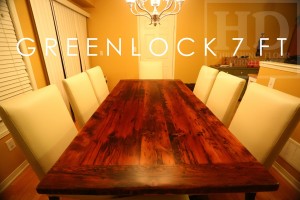 7 ft Trestle Table - 42" wide - Premium epoxy & matte polyurethane finish - Reclaimed Threshing Floor 2" Hemlock Top - Modern plank style base - Apache Cream Leather Parsons Chairs