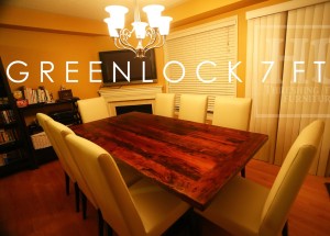 7 ft Trestle Table - 42" wide - Premium epoxy & matte polyurethane finish - Reclaimed Threshing Floor 2" Hemlock Top - Modern plank style base - Apache Cream Leather Parsons Chairs