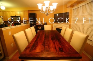 7 ft Trestle Table - 42" wide - Premium epoxy & matte polyurethane finish - Reclaimed Threshing Floor 2" Hemlock Top - Modern plank style base - Apache Cream Leather Parsons Chairs Gerald Reinink