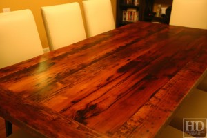 7 ft Trestle Table - 42" wide - Premium epoxy & matte polyurethane finish - Reclaimed Threshing Floor 2" Hemlock Top - Modern plank style base - Apache Cream Leather Parsons Chairs Gerald Reinink