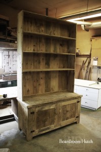Details: Custom Reclaimed Wood Hutch - 1" shelving - no crown molding - 2 doors with internal shelving - Lee Valley hardware - Reclaimed Threshing Floor 2" Hemlock Barnwood Top - 1" Grainery board cabinetry - Premium epoxy/matte polyurethane finish - Gerald Reinink