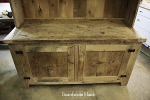 Details: Custom Reclaimed Wood Hutch - 1" shelving - no crown molding - 2 doors with internal shelving - Lee Valley hardware - Reclaimed Threshing Floor 2" Hemlock Barnwood Top - 1" Grainery board cabinetry - Premium epoxy/matte polyurethane finish - Gerald Reinink