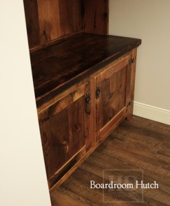 Details: Custom Reclaimed Wood Hutch - 1" shelving - no crown molding - 2 doors with internal shelving - Lee Valley hardware - Reclaimed Threshing Floor 2" Hemlock Barnwood Top - 1" Grainery board cabinetry - Premium epoxy/matte polyurethane finish - Gerald Reinink