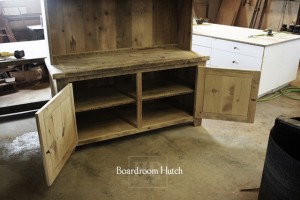 Details: Custom Reclaimed Wood Hutch - 1" shelving - no crown molding - 2 doors with internal shelving - Lee Valley hardware - Reclaimed Threshing Floor 2" Hemlock Barnwood Top - 1" Grainery board cabinetry - Premium epoxy/matte polyurethane finish - Gerald Reinink