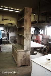 Details: Custom Reclaimed Wood Hutch - 1" shelving - no crown molding - 2 doors with internal shelving - Lee Valley hardware - Reclaimed Threshing Floor 2" Hemlock Barnwood Top - 1" Grainery board cabinetry - Premium epoxy/matte polyurethane finish - Gerald Reinink