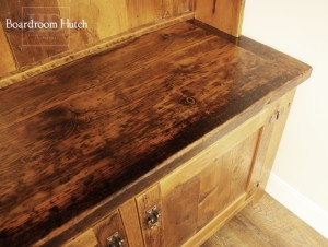 Details: Custom Reclaimed Wood Hutch - 1" shelving - no crown molding - 2 doors with internal shelving - Lee Valley hardware - Reclaimed Threshing Floor 2" Hemlock Barnwood Top - 1" Grainery board cabinetry - Premium epoxy/matte polyurethane finish - Gerald Reinink