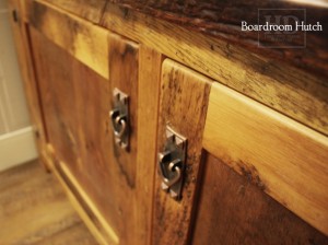 Details: Custom Reclaimed Wood Hutch - 1" shelving - no crown molding - 2 doors with internal shelving - Lee Valley hardware - Reclaimed Threshing Floor 2" Hemlock Barnwood Top - 1" Grainery board cabinetry - Premium epoxy/matte polyurethane finish - Gerald Reinink