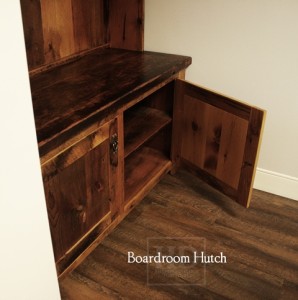 Details: Custom Reclaimed Wood Hutch - 1" shelving - no crown molding - 2 doors with internal shelving - Lee Valley hardware - Reclaimed Threshing Floor 2" Hemlock Barnwood Top - 1" Grainery board cabinetry - Premium epoxy/matte polyurethane finish - Gerald Reinink