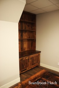 Details: Custom Reclaimed Wood Hutch - 1" shelving - no crown molding - 2 doors with internal shelving - Lee Valley hardware - Reclaimed Threshing Floor 2" Hemlock Barnwood Top - 1" Grainery board cabinetry - Premium epoxy/matte polyurethane finish - Gerald Reinink