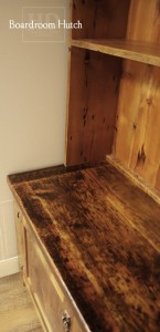 Details: Custom Reclaimed Wood Hutch - 1" shelving - no crown molding - 2 doors with internal shelving - Lee Valley hardware - Reclaimed Threshing Floor 2" Hemlock Barnwood Top - 1" Grainery board cabinetry - Premium epoxy/matte polyurethane finish - Gerald Reinink