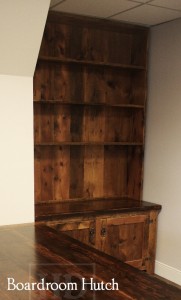 Details: Custom Reclaimed Wood Hutch - 1" shelving - no crown molding - 2 doors with internal shelving - Lee Valley hardware - Reclaimed Threshing Floor 2" Hemlock Barnwood Top - 1" Grainery board cabinetry - Premium epoxy/matte polyurethane finish - Gerald Reinink