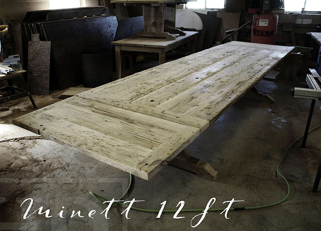 12 ft Trestle Cottage Table - 48" Wide - Reclaimed Hemlock Threshing Floor - Two - 24" leaves - Premium epoxy & matte polyurethane finish Gerald Reinink