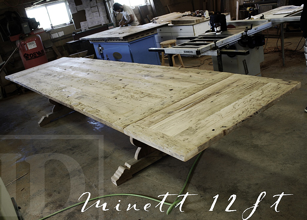 12 ft Trestle Cottage Table - 48" Wide - Reclaimed Hemlock Threshing Floor - Two - 24" leaves - Premium epoxy & matte polyurethane finish Gerald Reinink