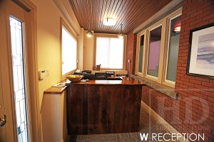 Details: Custom Reception Desk - Vertical 2" Threshing Floor Walls Construction - Reclaimed Hemlock - Premium epoxy/high gloss polyurethane finish