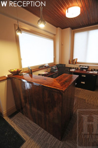 Details: Custom Reception Desk - Vertical 2" Threshing Floor Walls Construction - Reclaimed Hemlock - Premium epoxy/high gloss polyurethane finish