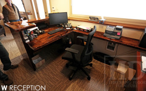 Details: Custom Reception Desk - Vertical 2" Threshing Floor Walls Construction - Reclaimed Hemlock - Premium epoxy/high gloss polyurethane finish