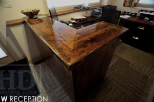 Details: Custom Reception Desk - Vertical 2" Threshing Floor Walls Construction - Reclaimed Hemlock - Premium epoxy/high gloss polyurethane finish