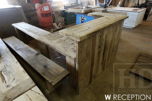 Details: Custom Reception Desk - Vertical 2" Threshing Floor Walls Construction - Reclaimed Hemlock - Premium epoxy/high gloss polyurethane finish