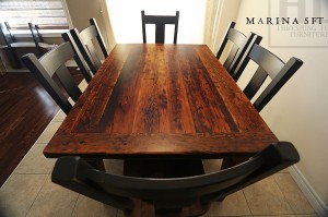 Specs: 5 ft Harvest Table - 42" wide - Reclaimed Hemlock Threshing Floor Top 2" - 4"x 4" Tapered with a Notch Legs - Premium epoxy + matte polyurethane finish - two 18" leaves - 6 Wormy Maple Plank Back Chairs Gerald Reinink