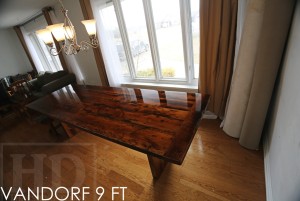 9 ft Modern 3" plank posts Table - 36" wide - Reclaimed Hemlock - Premium epoxy/high gloss polyurethane finish - [Matching] 3 ft trestle style Bench Posted by Gerald Reinink, Design & Sales (email at talk@hdthreshing.dreamhosters.com/blog) Copyright 2016 HD Threshing Floor Furniture / www.hdthreshing.dreamhosters.com/blog