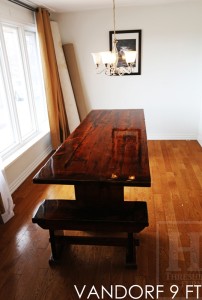 9 ft Modern 3" plank posts Table - 36" wide - Reclaimed Hemlock - Premium epoxy/high gloss polyurethane finish - [Matching] 3 ft trestle style Bench Posted by Gerald Reinink, Design & Sales (email at talk@hdthreshing.dreamhosters.com/blog) Copyright 2016 HD Threshing Floor Furniture / www.hdthreshing.dreamhosters.com/blog