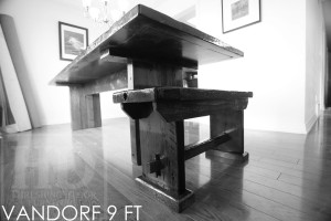 9 ft Modern 3" plank posts Table - 36" wide - Reclaimed Hemlock - Premium epoxy/high gloss polyurethane finish - [Matching] 3 ft trestle style Bench Posted by Gerald Reinink, Design & Sales (email at talk@hdthreshing.dreamhosters.com/blog) Copyright 2016 HD Threshing Floor Furniture / www.hdthreshing.dreamhosters.com/blog