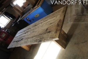 9 ft Modern 3" plank posts Table - 36" wide - Reclaimed Hemlock - Premium epoxy/high gloss polyurethane finish - [Matching] 3 ft trestle style Bench Posted by Gerald Reinink, Design & Sales (email at talk@hdthreshing.dreamhosters.com/blog) Copyright 2016 HD Threshing Floor Furniture / www.hdthreshing.dreamhosters.com/blog