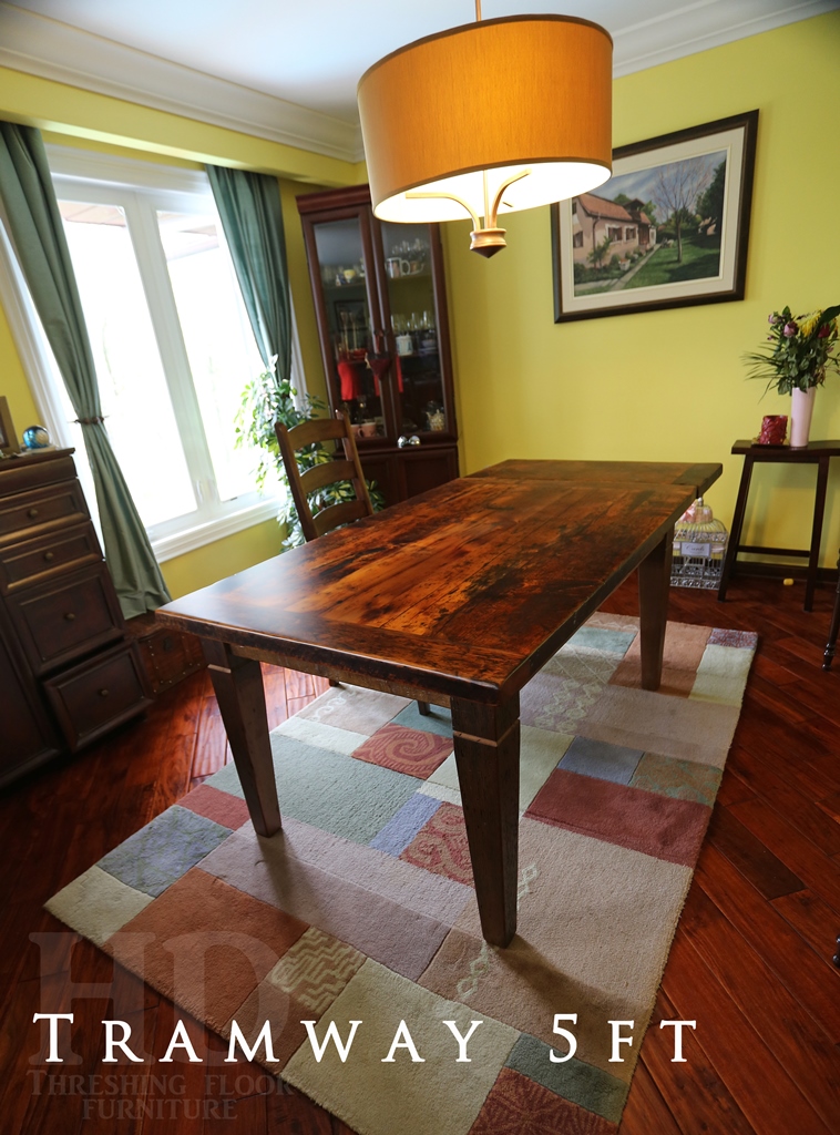 Table details: 5 ft Harvest Table - 38" wide - Premium epoxy/matte polyurethane finish - Reclaimed Barnwood Hemlock - Tapered with a Notch Legs - One - 18" leaf