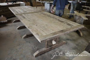 Details: 12 ft Boardroom Table - Two 6 ft independant parts - Reclaimed Threshing Floor Hemlock - Premium epoxy/matte polyurethane finish - Trestle style Base