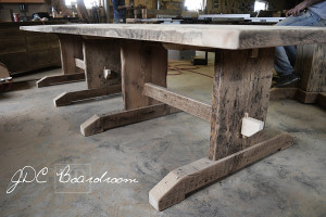 Details: 12 ft Boardroom Table - Two 6 ft independant parts - Reclaimed Threshing Floor Hemlock - Premium epoxy/matte polyurethane finish - Trestle style Base